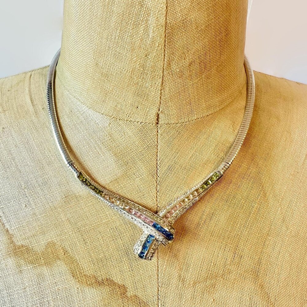 Sterling Silver Necklace, Vintage, Omega Chain, FAS, Italy, Faux Sapphires